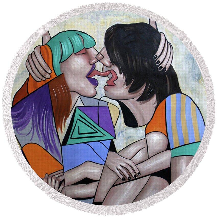 Abstract Round Beach Towel featuring the painting Tongue Aerobics by Anthony Falbo