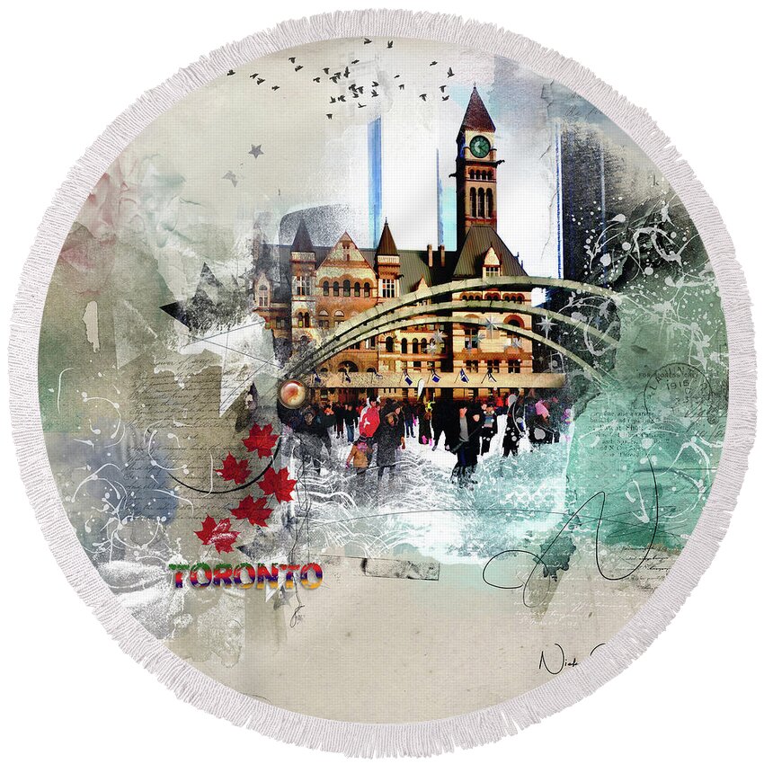Torontoart Round Beach Towel featuring the digital art Toronto Skating by Nicky Jameson