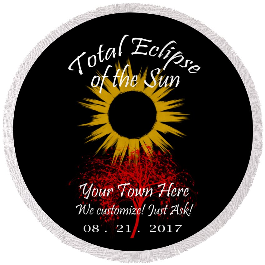 Total Round Beach Towel featuring the digital art Total Eclipse Art for T Shirts Sun and Tree on Black by Debra and Dave Vanderlaan