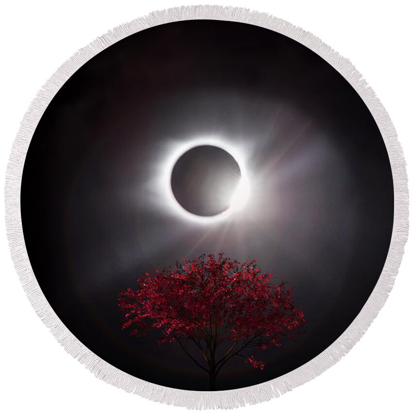 American Round Beach Towel featuring the photograph Total Eclipse of the Sun in Art Diamond Ring and Tree by Debra and Dave Vanderlaan