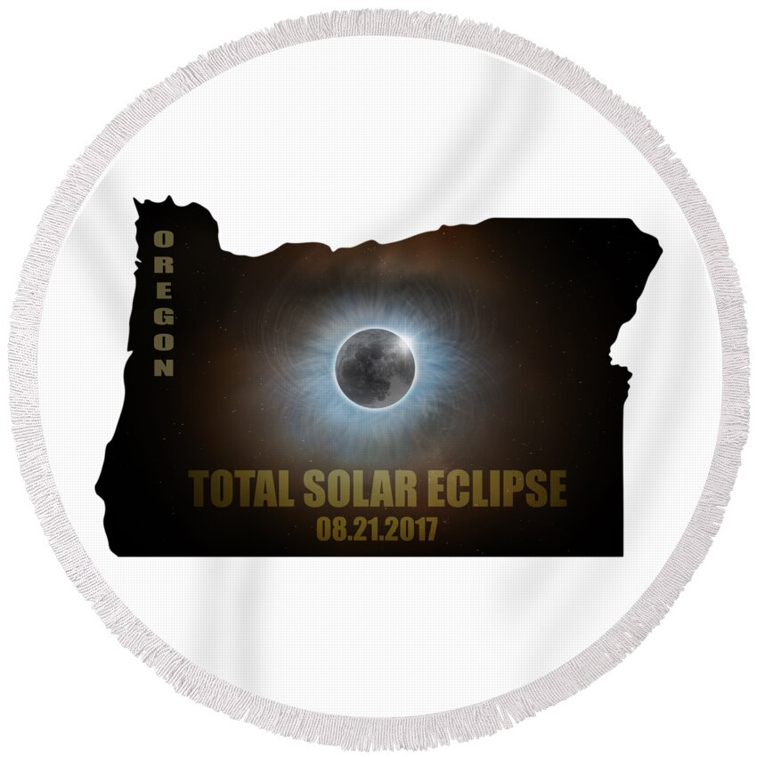 Solar; Eclipse; Total; Corona; Crown; 2017; August 21st; Oregon; State; Across America; Event; Full; Moon; Celestial; Space; Astrology; Astronomy; Sky; Lunar; Clouds; Outline; Map; Night; Evening; Rise; Moonrise; Weather; Nature; Stormy; Hemisphere; United States; Usa; North America Round Beach Towel featuring the photograph Total Solar Eclipse in Oregon Map Outline by David Gn