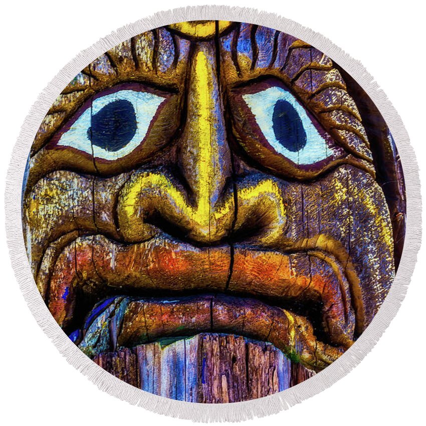Colorful Round Beach Towel featuring the photograph Totem Colorful Face by Garry Gay