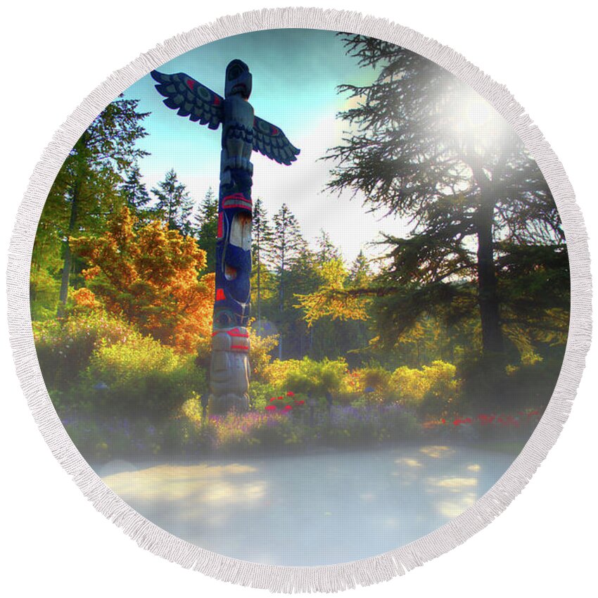  Round Beach Towel featuring the photograph Totems In Mist by Lawrence Christopher