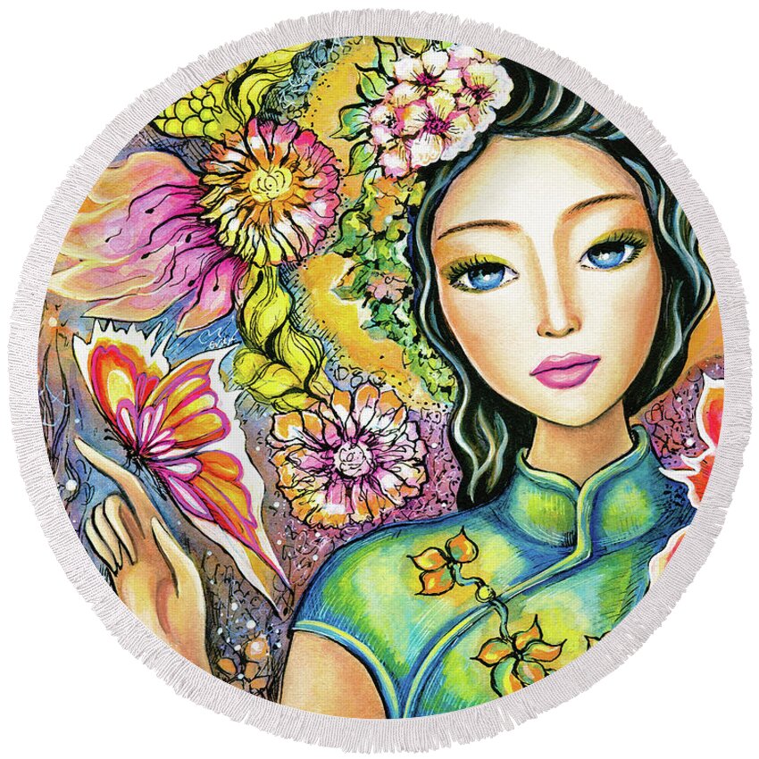 Asian Woman Round Beach Towel featuring the painting Touching Reality by Eva Campbell