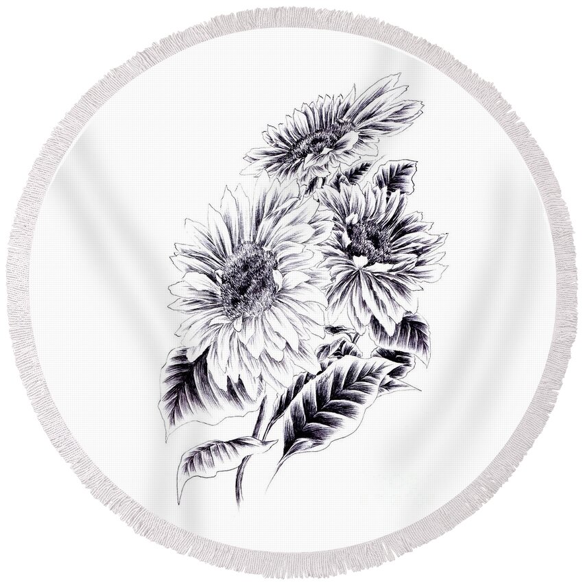 Sunflower Round Beach Towel featuring the drawing Towards the Light by Alice Chen