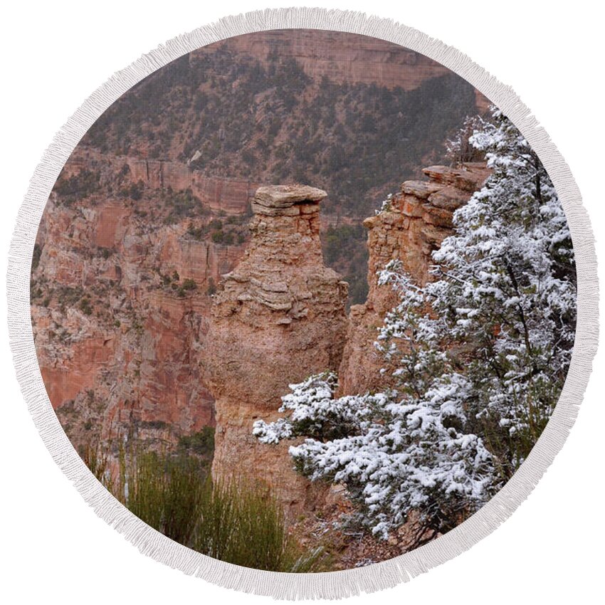 Grand Canyon Round Beach Towel featuring the photograph Towers in the Snow by Debby Pueschel
