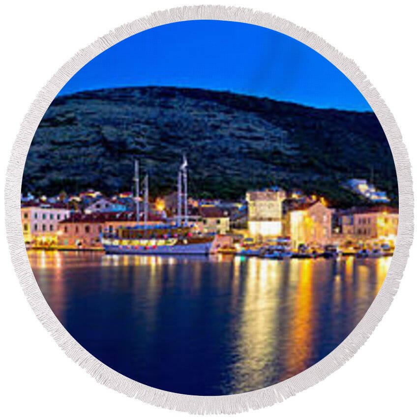 Ancient Round Beach Towel featuring the photograph Town of Vis waterfront evening panorama by Brch Photography