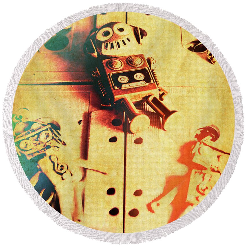 Retro Round Beach Towel featuring the photograph Toy robots on vintage cassettes by Jorgo Photography