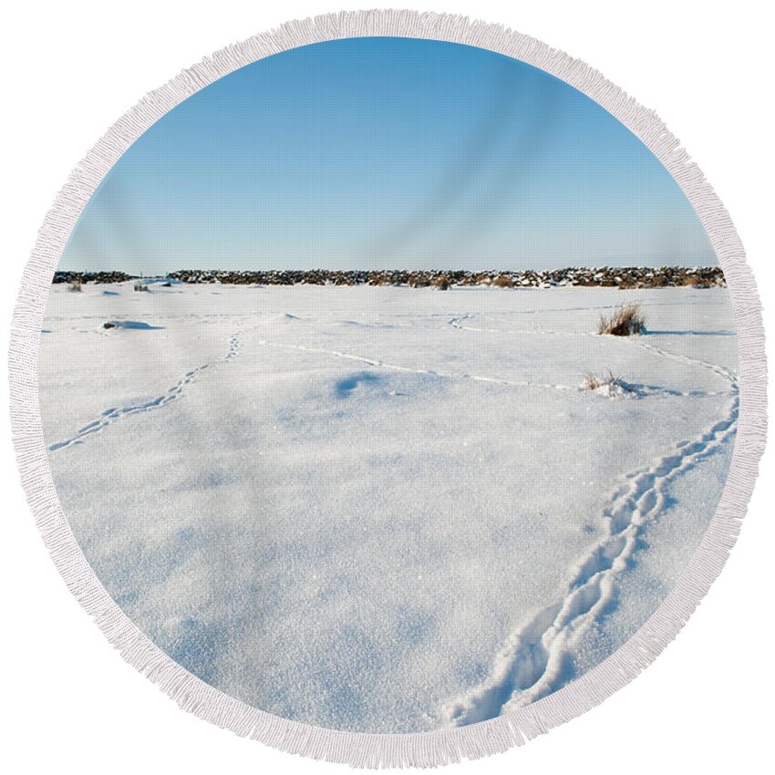 Animal Tracks Round Beach Towel featuring the photograph Tracks in the Snow by Helen Jackson