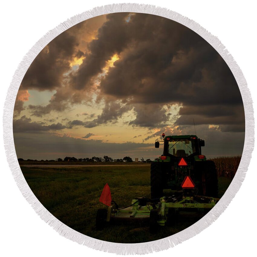 Tractor Round Beach Towel featuring the photograph Tractor at Sunrise - Chester Nebraska by Art Whitton