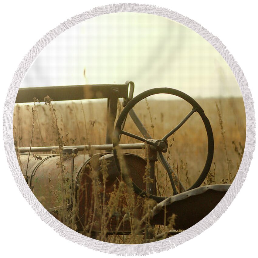 Tractor Round Beach Towel featuring the photograph Tractor Sunrise by Troy Stapek