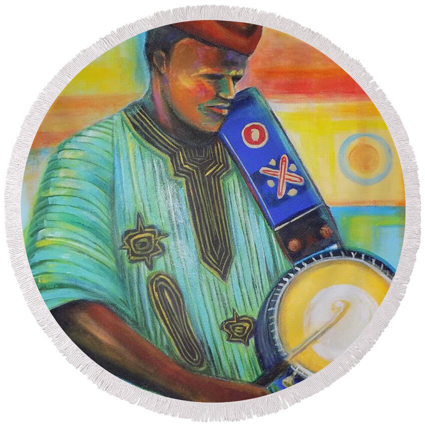 Living Room Round Beach Towel featuring the painting Traditional Drummer by Olaoluwa Smith
