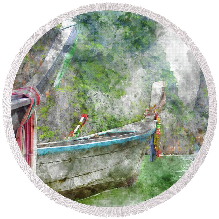 Boat Round Beach Towel featuring the photograph Traditional Long Boat in Thailand by Brandon Bourdages