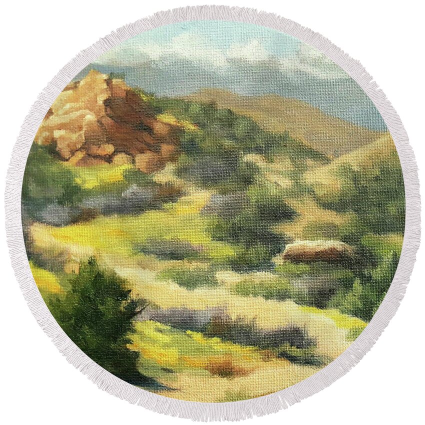 California Landscape Round Beach Towel featuring the painting Trails of Vasquez Canyon by Sandy Fisher