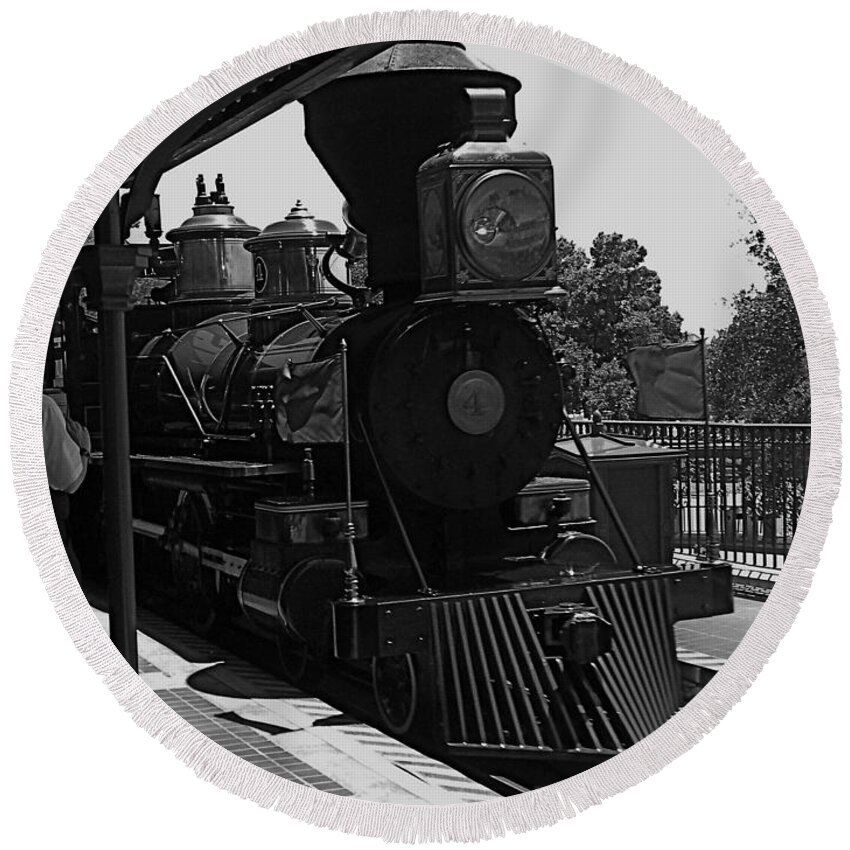 Black And White Round Beach Towel featuring the photograph Train Ride Magic Kingdom Black and White MP by Thomas Woolworth