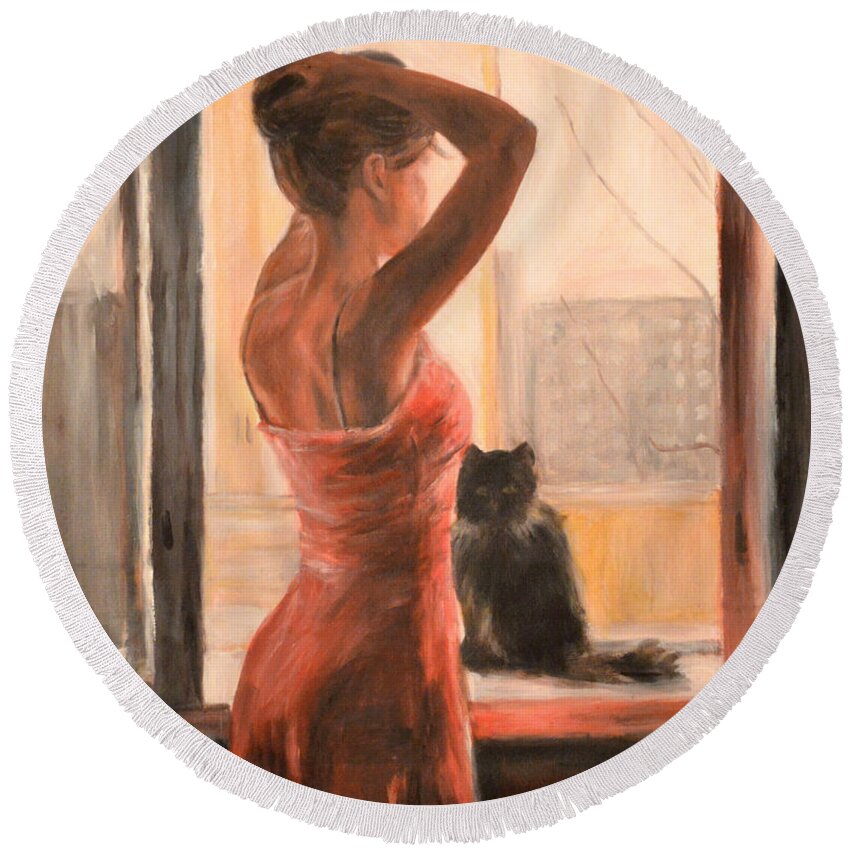 Woman With Cat Round Beach Towel featuring the painting Tranquille by Escha Van den bogerd