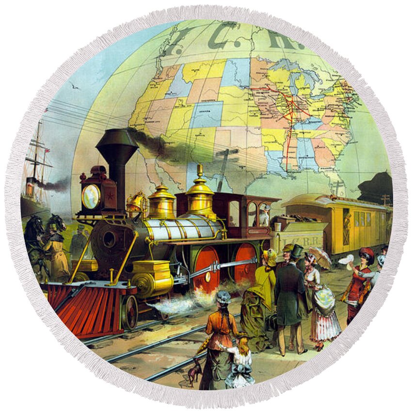 Trains Round Beach Towel featuring the painting Transcontinental Railroad by War Is Hell Store