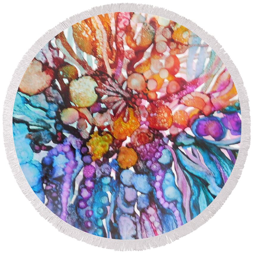 Abstract Round Beach Towel featuring the painting Treasures From Rainbow Reef by Joan Clear