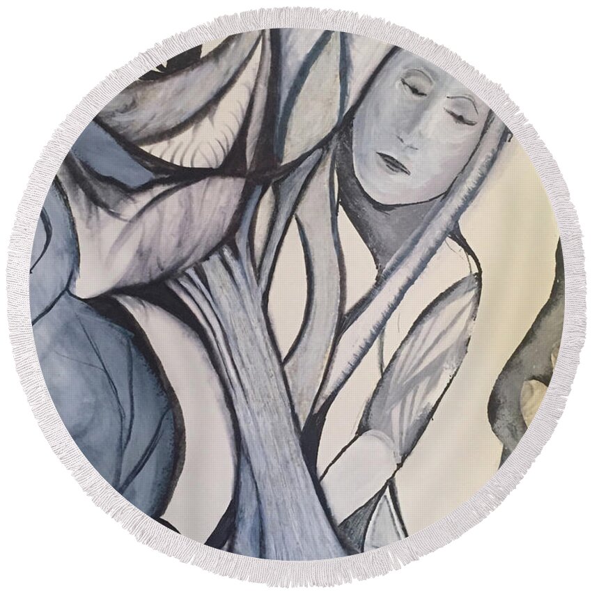 Contemporary Expressionist Drawing Round Beach Towel featuring the drawing Tree Angel by Dennis Ellman