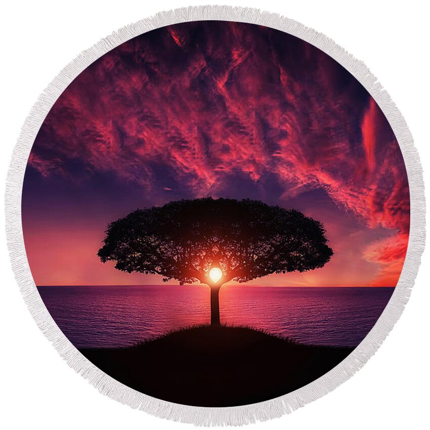 #light #rays #red #sea #sunset #tree #tree-in-sunset #print #fineart #sun #canvasprint Round Beach Towel featuring the photograph Tree in sunset by Bess Hamiti