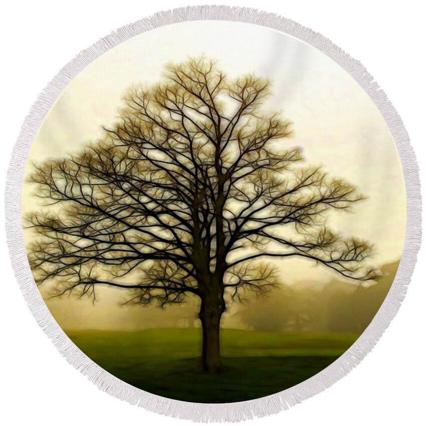 Tree Round Beach Towel featuring the digital art Tree in the Fog by Lilia S