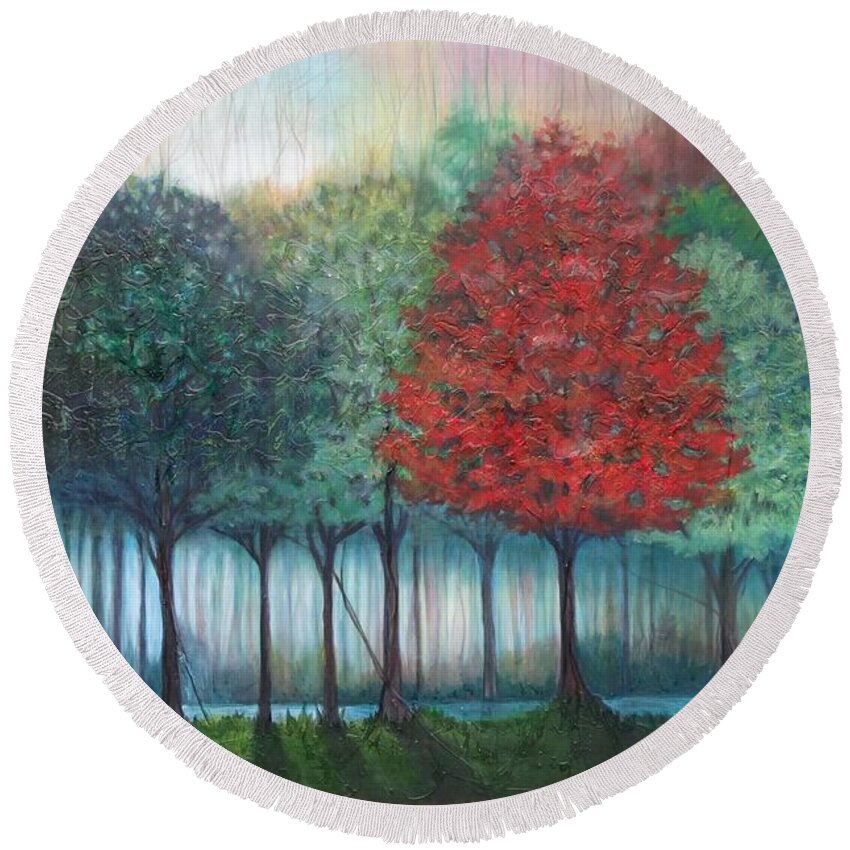 Landscape Round Beach Towel featuring the painting Tree Line by M J Venrick