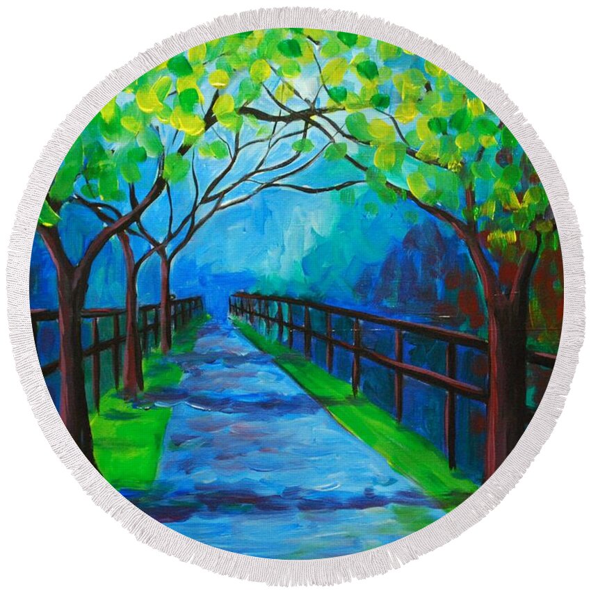 Tree Round Beach Towel featuring the painting Tree Lined Fence by Emily Page