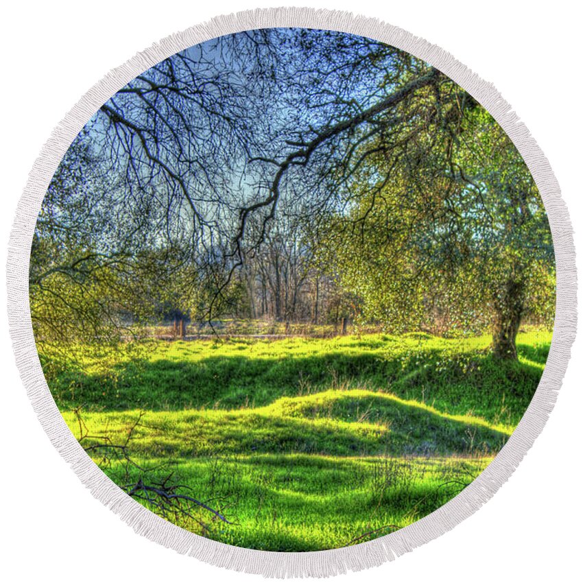 Hdr Round Beach Towel featuring the photograph Tree Lined Meadow by Randy Wehner