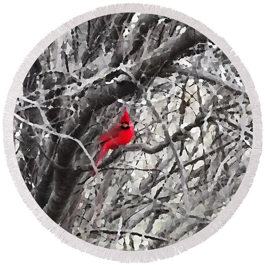 Red Bird Round Beach Towel featuring the digital art Tree Ornament, A Male Cardinal on Snowy Winter Tree Branches by Shelli Fitzpatrick