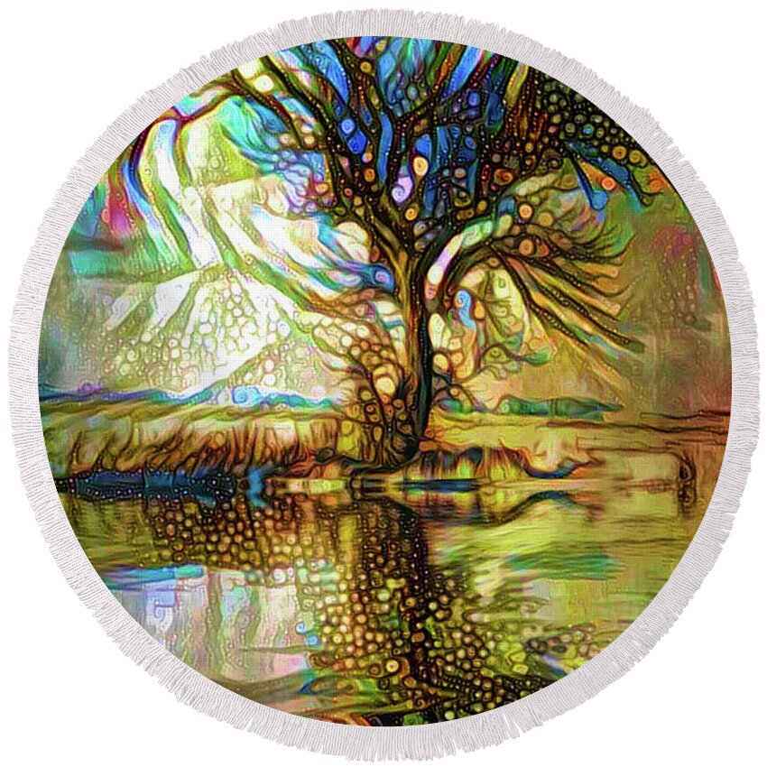 Magical Tree Round Beach Towel featuring the mixed media Tree reflections by Lilia S