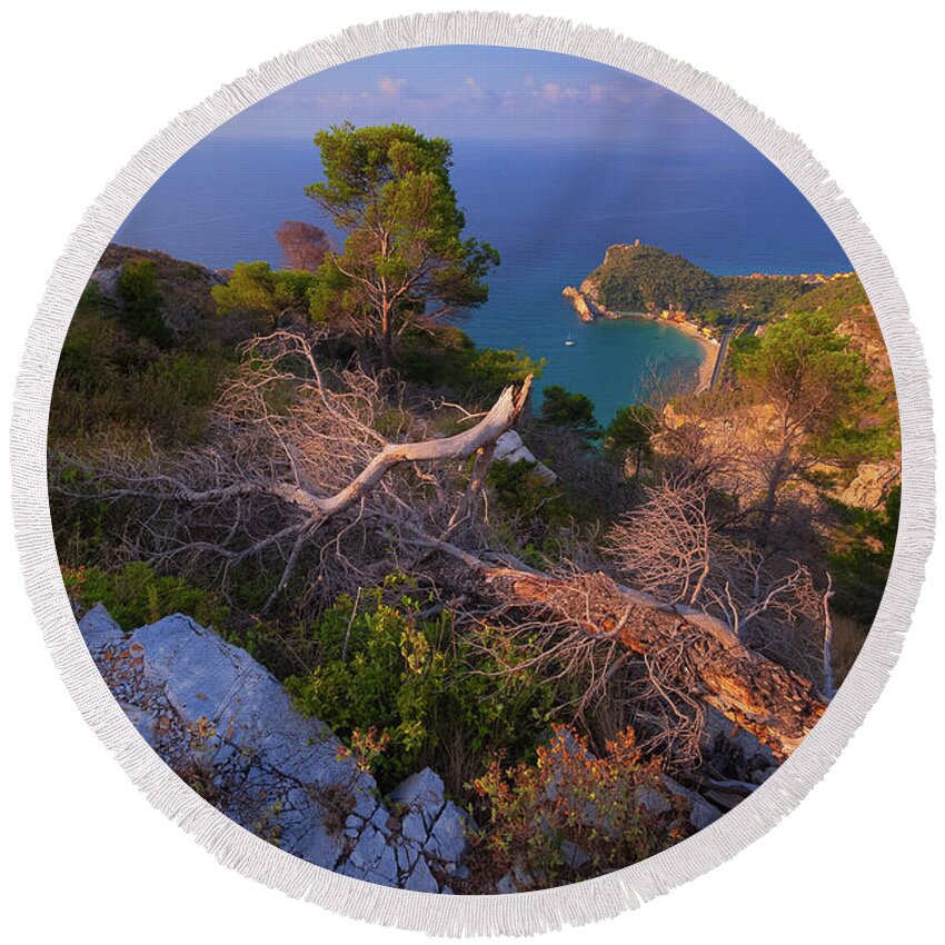 Seascape Round Beach Towel featuring the photograph Tree stumps overlook by Giovanni Allievi