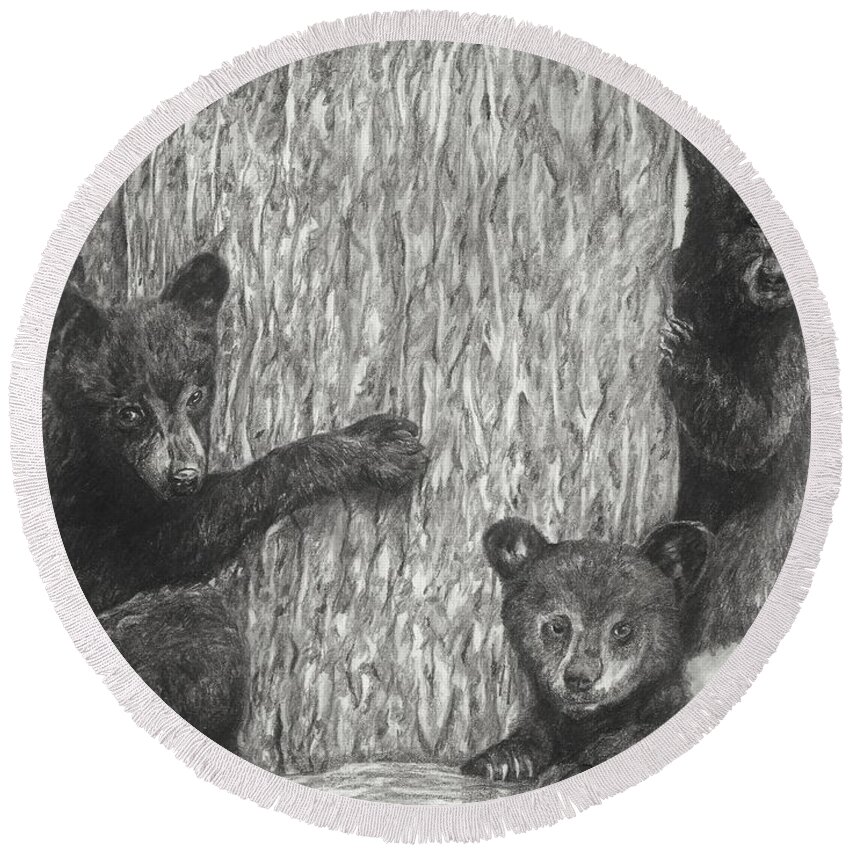 Bear Round Beach Towel featuring the drawing Tree trio by Meagan Visser
