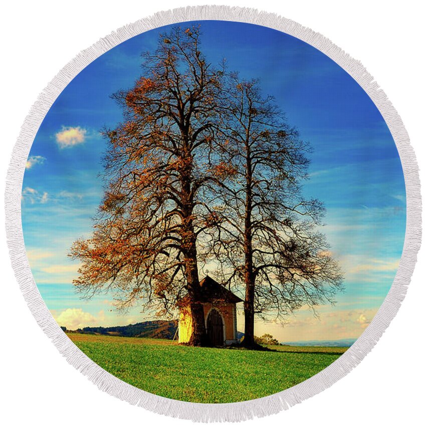 Tree Round Beach Towel featuring the photograph Trees And Chapel by Mountain Dreams