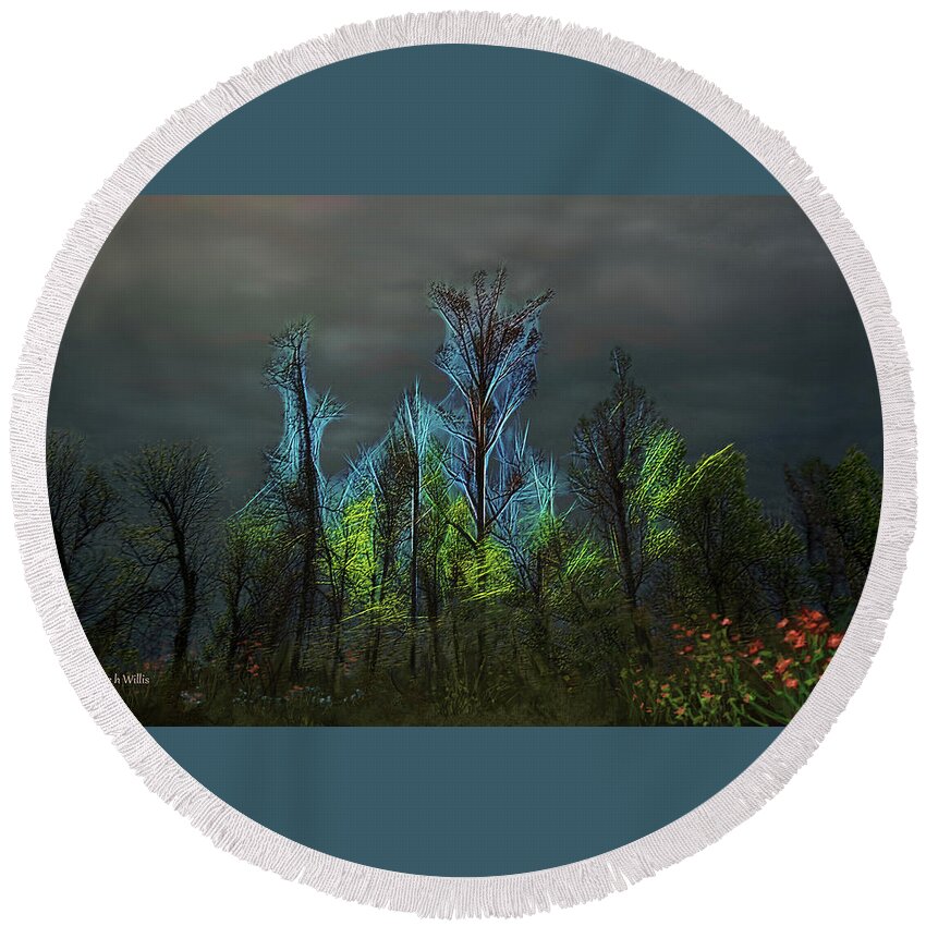 Trees Round Beach Towel featuring the digital art Trees Electrified in Fantasy land by Bonnie Willis