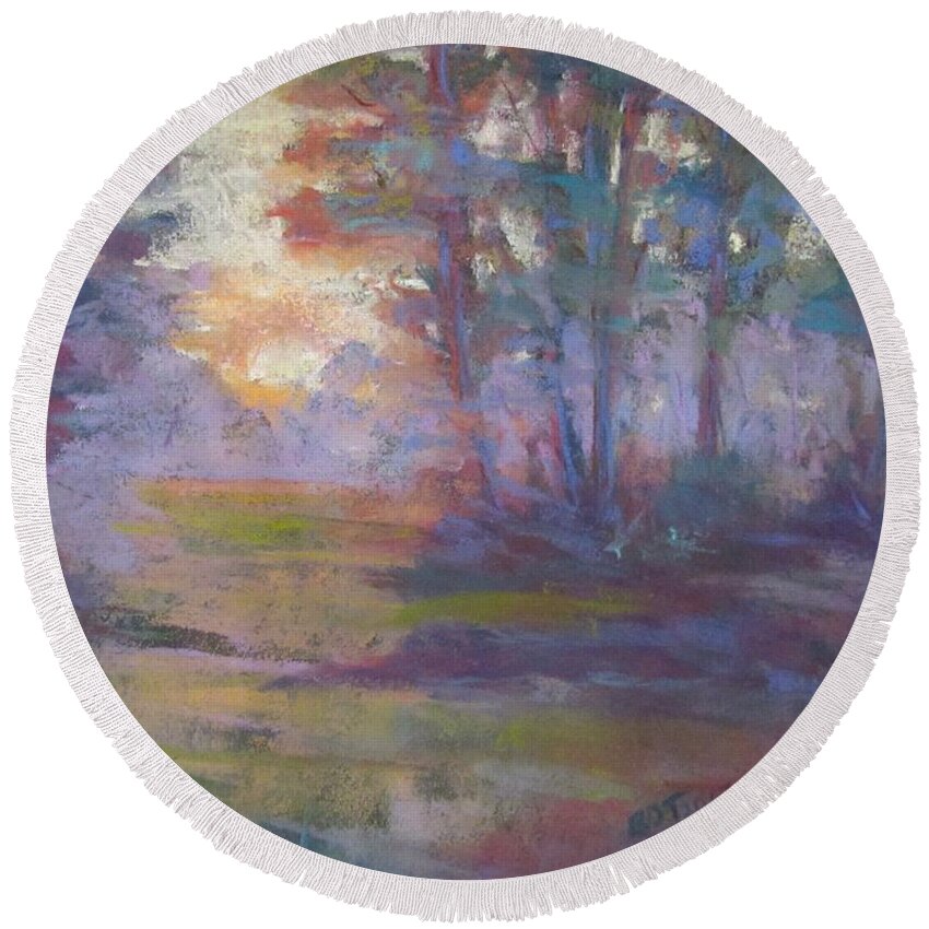 Sunrise Round Beach Towel featuring the pastel Trees in the mist by Barbara O'Toole