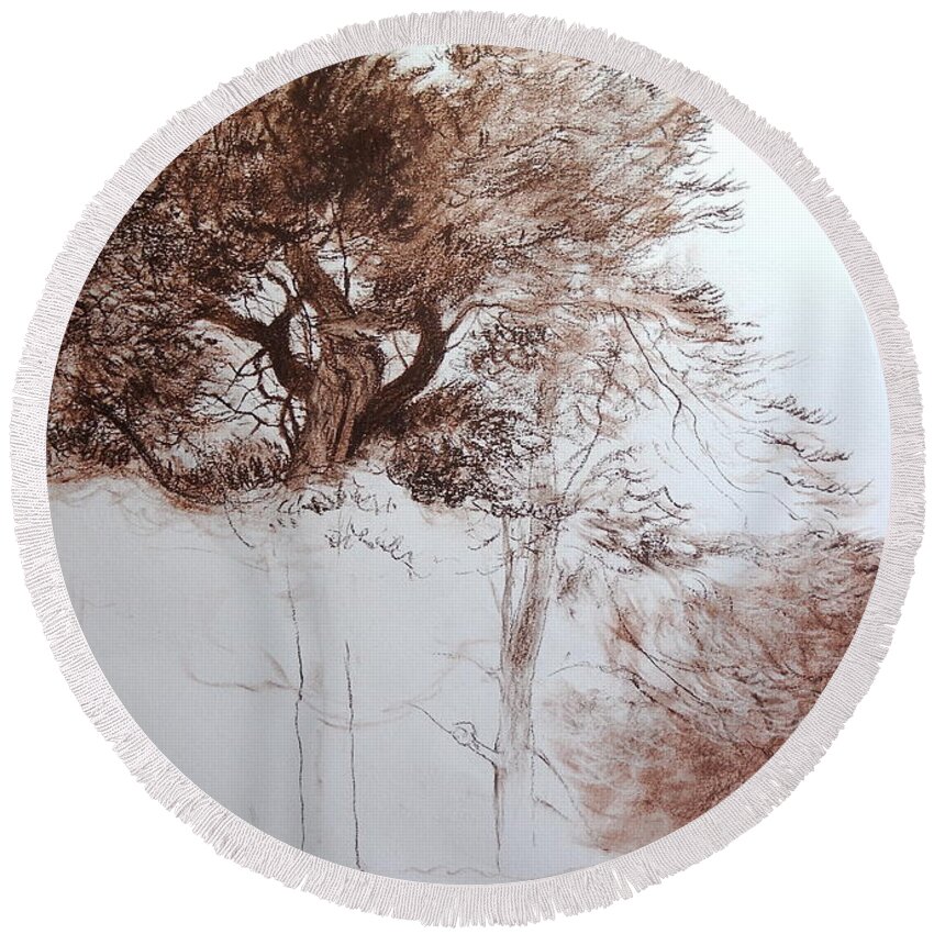 Wales Round Beach Towel featuring the drawing Trees near Offa's Dyke by Harry Robertson