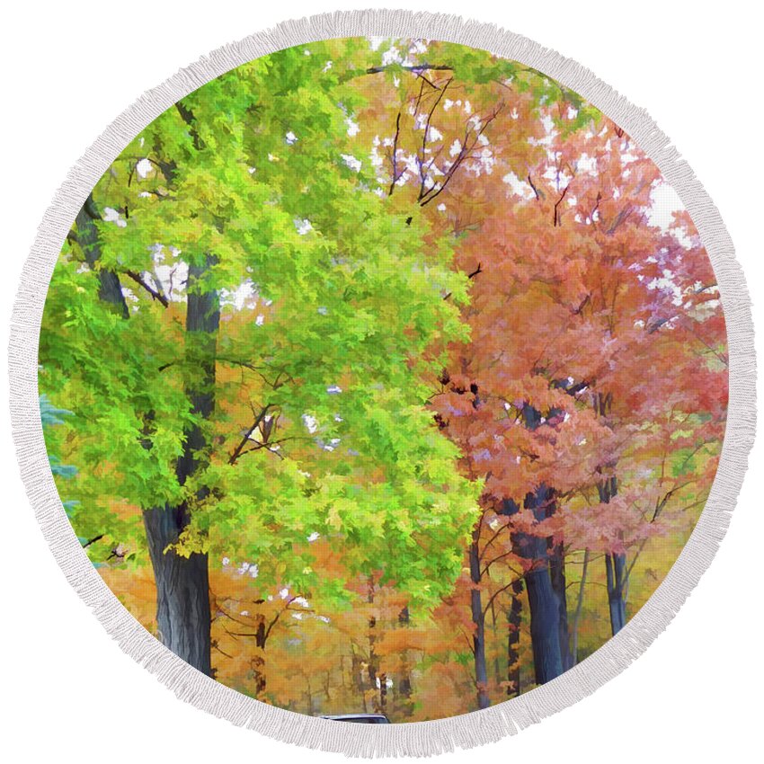 Trees With Fall Color Round Beach Towel featuring the painting Trees with fall color 2 by Jeelan Clark