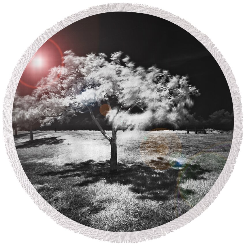 Infrared Round Beach Towel featuring the mixed media Trees with Science Fiction Sky 91774031 by Rolf Bertram
