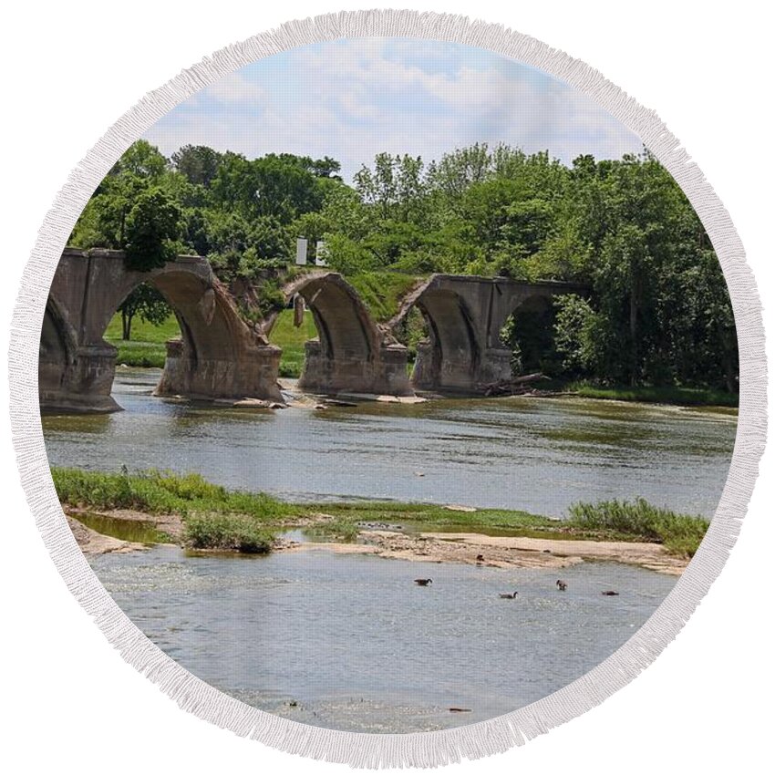 Trestle Round Beach Towel featuring the photograph Trestle Over the Maumee II by Michiale Schneider