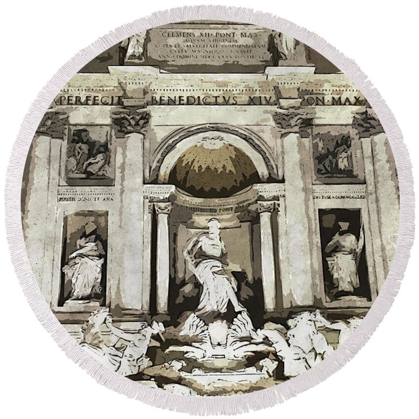 Rome Italy Round Beach Towel featuring the painting Trevi Fountain - 02 by AM FineArtPrints