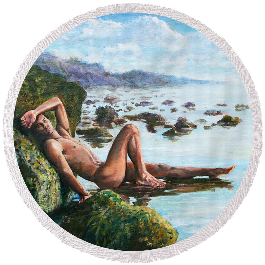 Beach Round Beach Towel featuring the painting Trevor on the Beach by Marc DeBauch