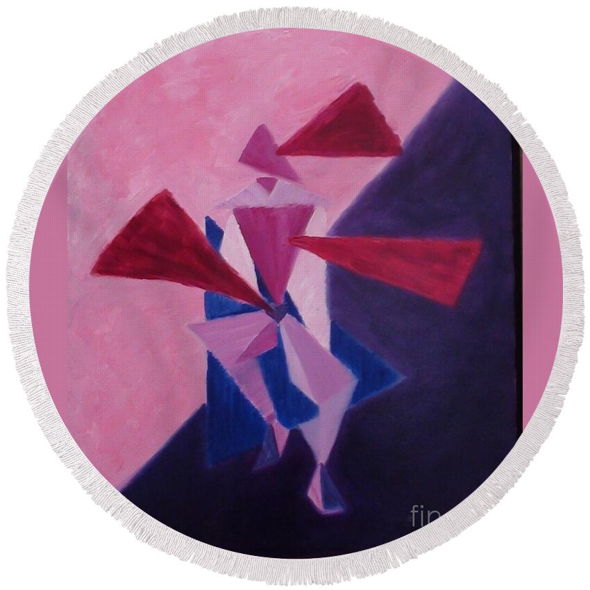 Abstract Round Beach Towel featuring the painting Triangles by Karen Francis