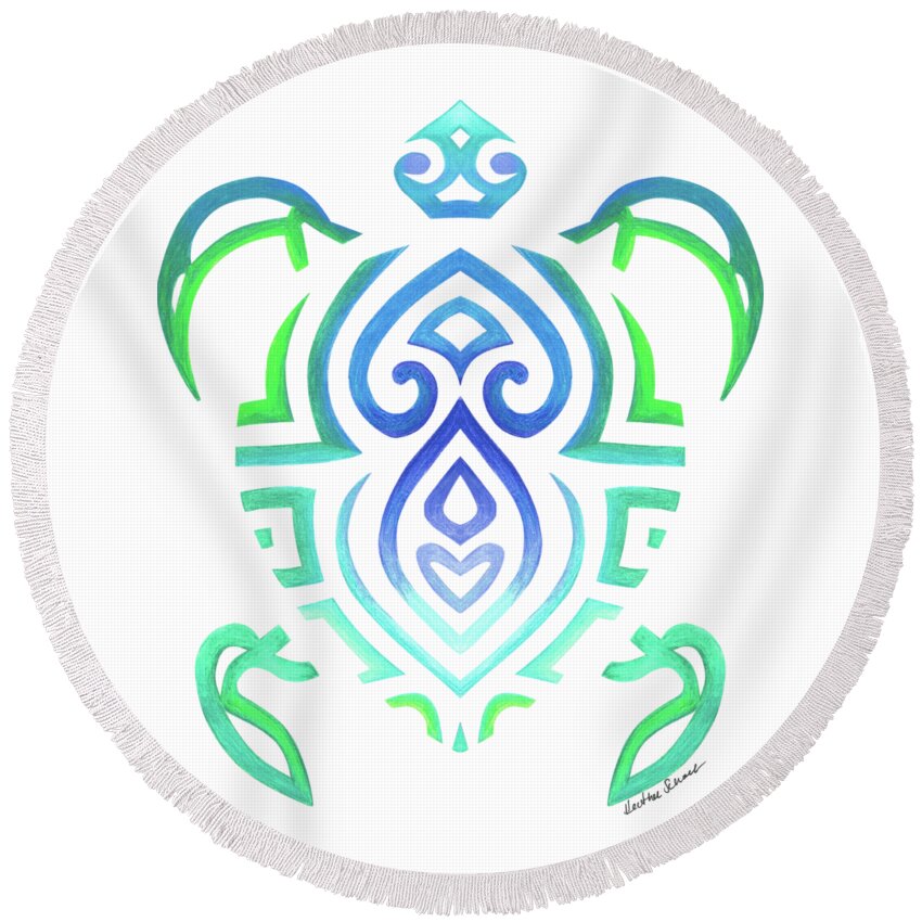  Round Beach Towel featuring the drawing Tribal Turtle White Background by Heather Schaefer