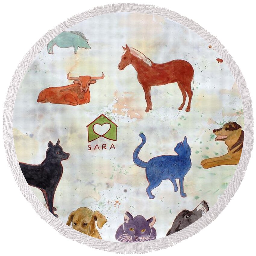 Horse Round Beach Towel featuring the painting Tribute to Tracy by Vera Smith