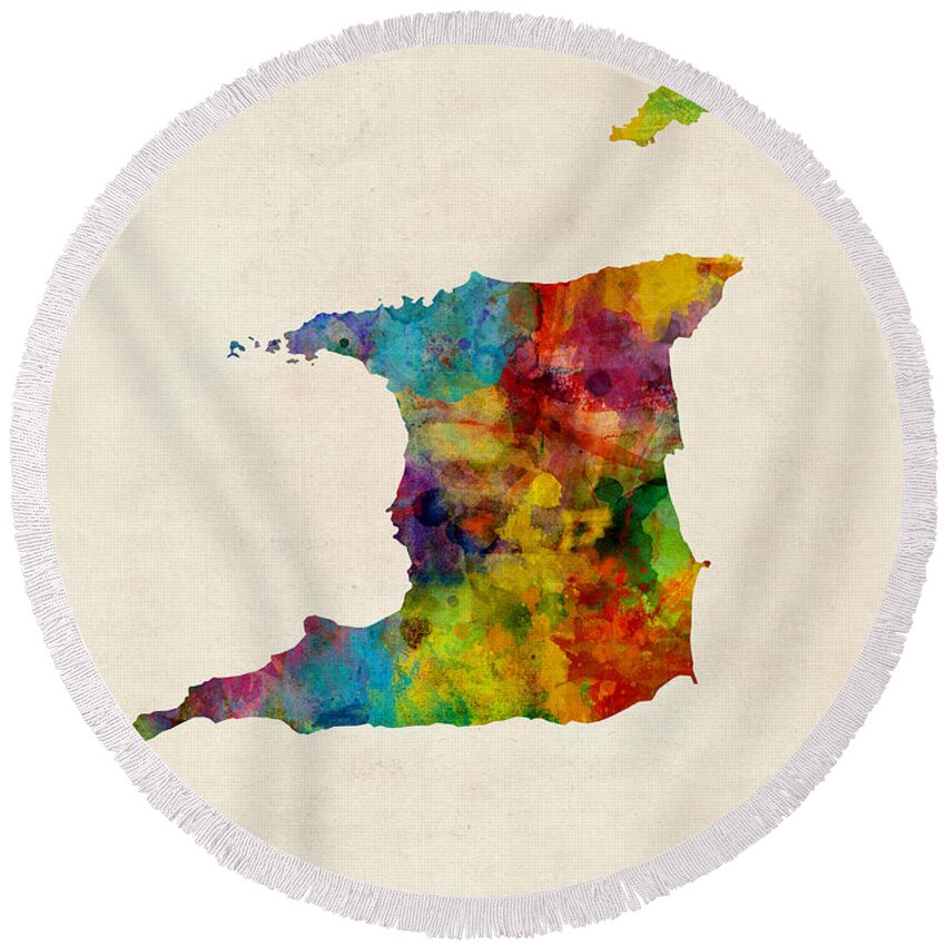 Map Art Round Beach Towel featuring the digital art Trinidad and Tobago Watercolor Map by Michael Tompsett