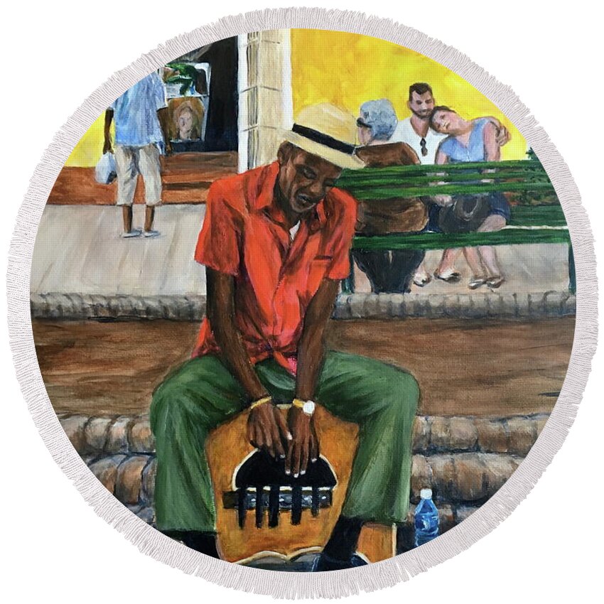 Street Musician Round Beach Towel featuring the painting Trinidad Musician #3 by Bonnie Peacher