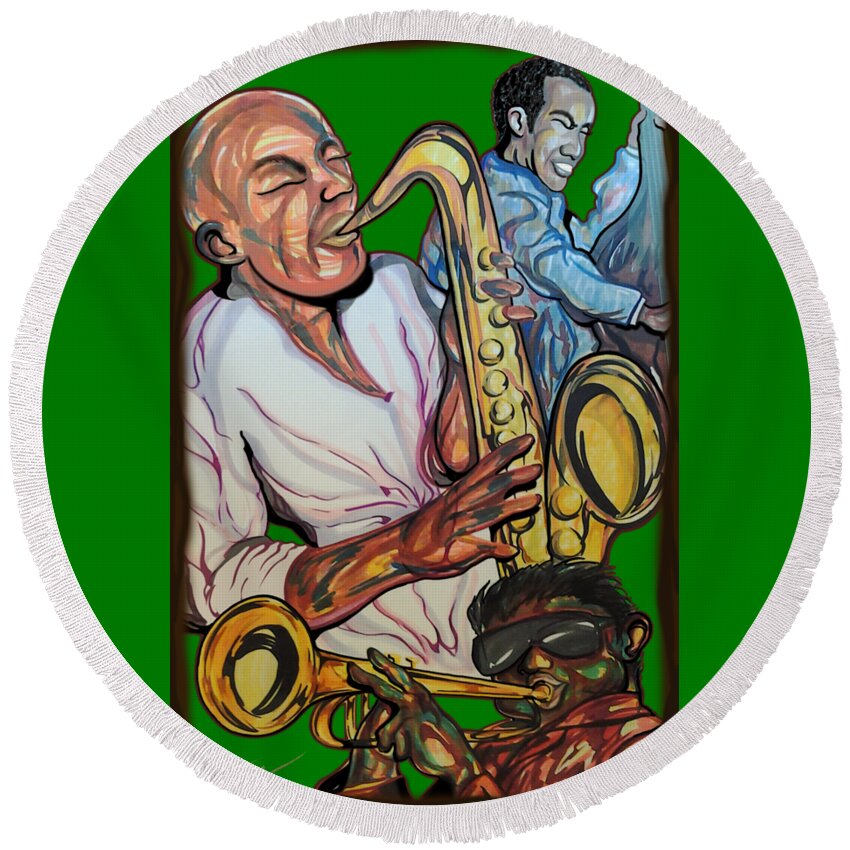 Jazz Musicians Round Beach Towel featuring the mixed media Trio of Sound by Demitrius Motion Bullock