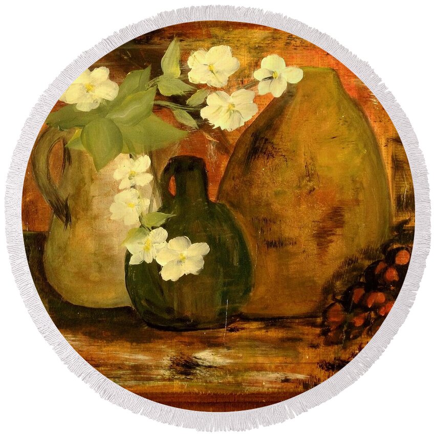 Still Life Round Beach Towel featuring the painting Trio Vases by Kathy Sheeran