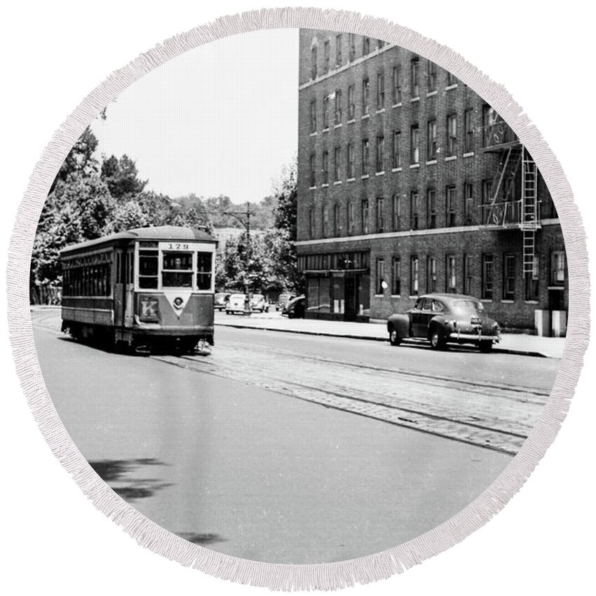 1940's Round Beach Towel featuring the photograph Trolley with Packard Building by Cole Thompson