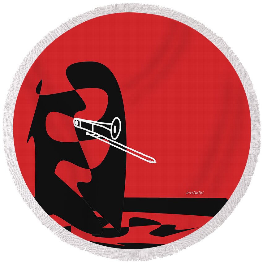 Jazzdabri Round Beach Towel featuring the digital art Trombone in Red by David Bridburg